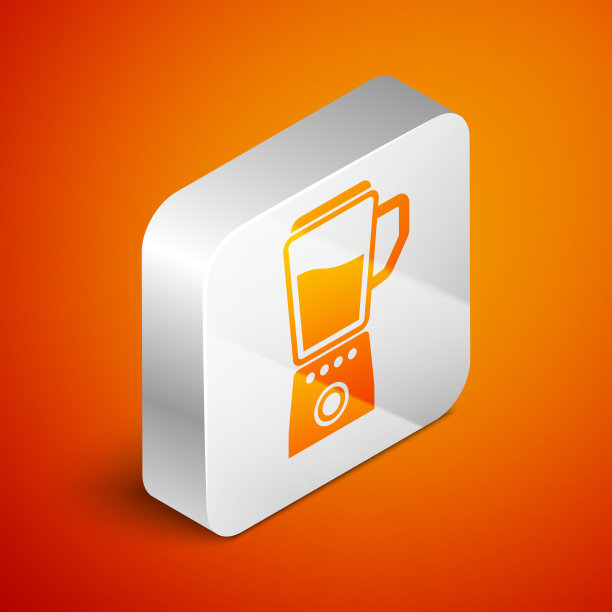 等距搅拌机图标隔离在橙色背景。厨房用电动固定式搅拌机。烹饪冰沙，鸡尾酒或果汁。银广场按钮。矢量图图片下载