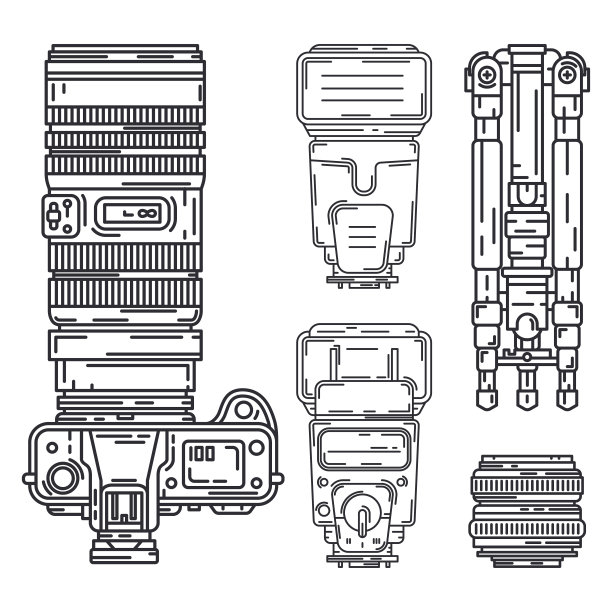 直线矢量图标集数码摄影师专业设备。摄影艺术。摄影三脚架，相机，各种镜头，闪光灯。卡通风格的插画，元素设计。快照照片工作室。图片下载
