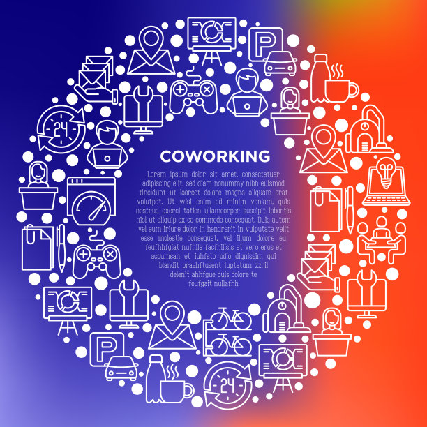 细线图标圈内的联合办公概念:工作场所、会议室、会议厅、智能办公室、停车场、前台、法定地址、快速互联网。印刷媒体矢量插图。图片下载