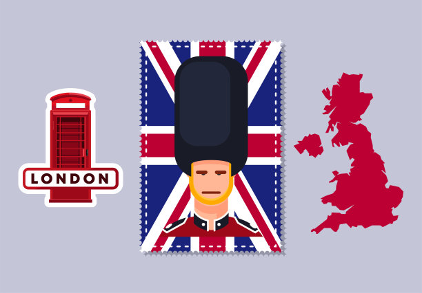 矢量插图的一个英国卫兵在传统制服的背景英国国旗，贴纸红色电话亭，英国地图图片下载
