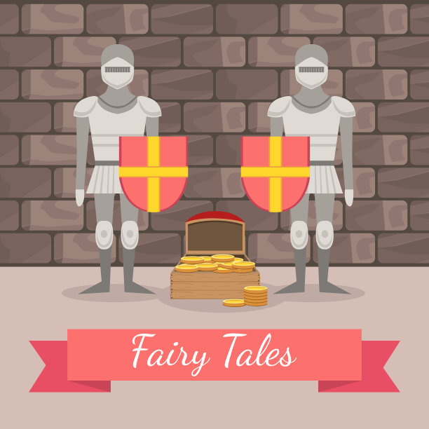 中世纪骑士在盔甲保卫黄金的胸部，童话故事旗帜模板，设计元素可以用于邀请卡，传单，海报，标签，宣传册矢量插图图片下载