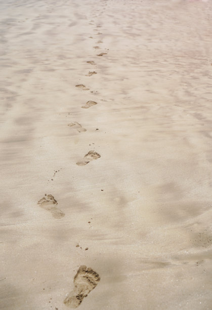 沙滩上有光脚的脚印。海岸的海洋，大海。有旅行社的旅游背景。库存图片图片下载