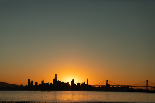 旧金山天际线城市景观在黄昏从奥克兰港拍摄图片下载