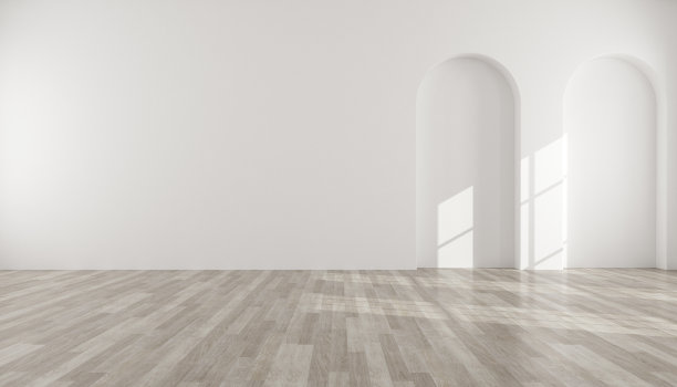 3D刺激的空白色房间的拱形墙设计和木材强化地板，阳光投射在墙上的阴影，透视的最小设计。说明。图片下载