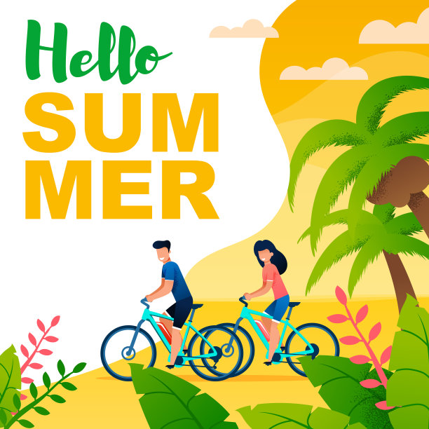 你好，夏天与卡通骑自行车的平横幅图片下载