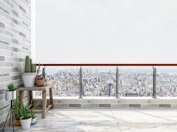 三维效果图，高层住宅室外开放式阳台，有各种花草、洗衣机等，玻璃栏杆保护图片下载