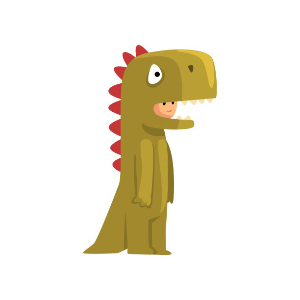 可爱的男孩在绿色恐龙服装，孩子穿着嘉年华或化妆舞会矢量插图图片下载