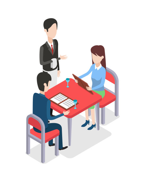 餐厅。站在两个顾客旁边的服务员图片下载