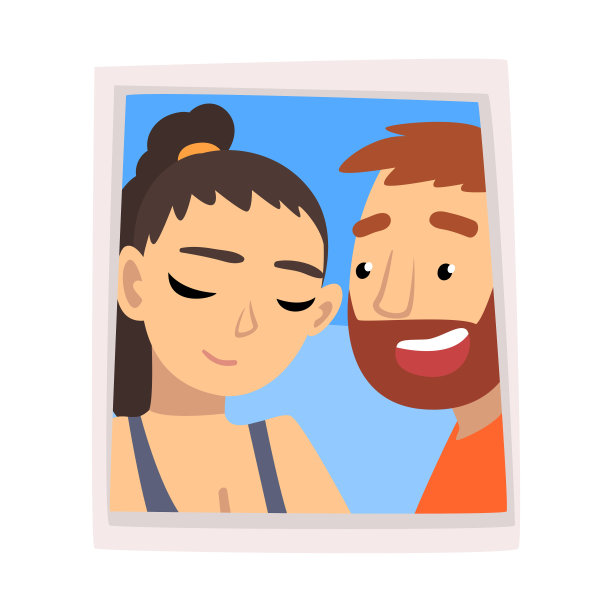 浪漫的夫妇在爱的肖像，快乐的男人和尴尬的女人的照片矢量插图图片下载