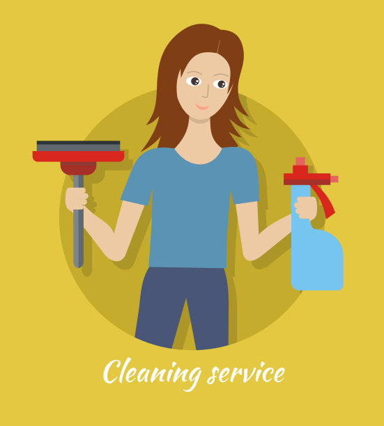 拥有扫帚和清洁器的清洁服务成员。图片下载