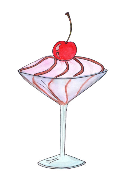 冰淇淋勺在马提尼杯。以巧克力和鸡尾酒樱桃装饰的美味甜点。图片下载