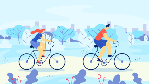 男人和女人骑自行车出城卡通。图片下载