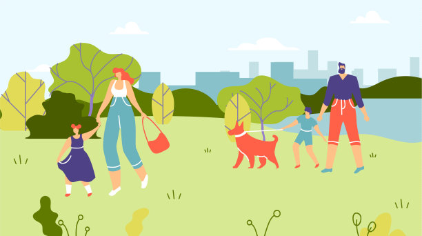 有孩子和狗在公园散步的家庭。图片下载