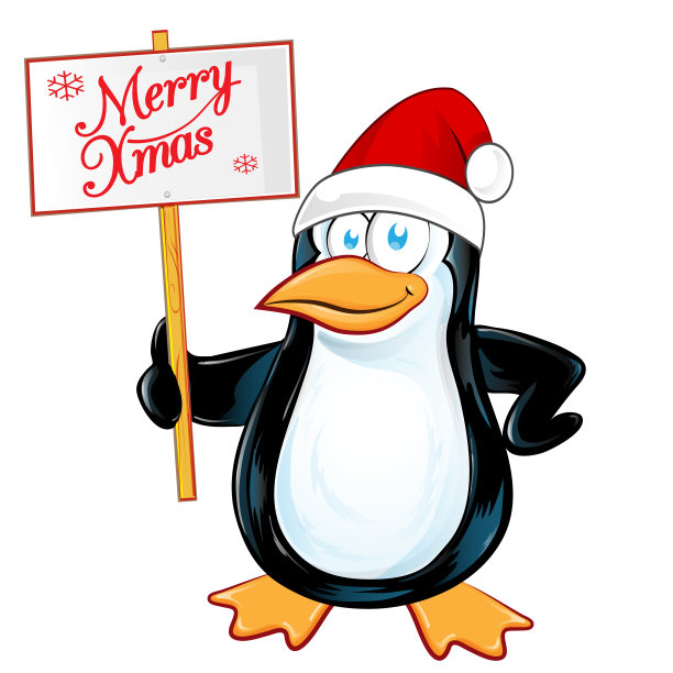企鹅圣诞老人与快乐的圣诞招牌。孤立的插图图片下载