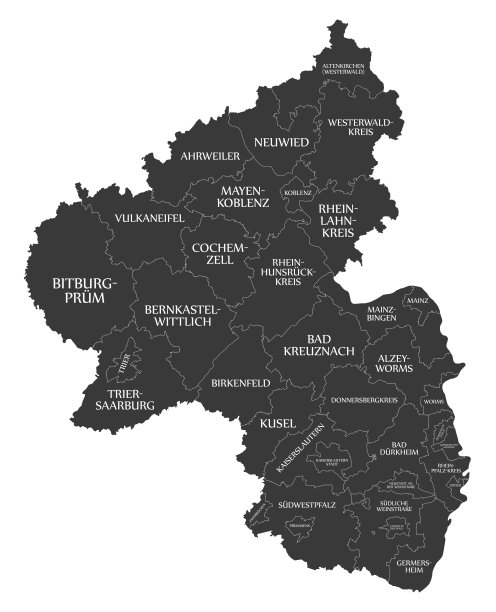 现代地图-德国莱茵兰-普法尔茨地图，县和标签为黑色图片下载