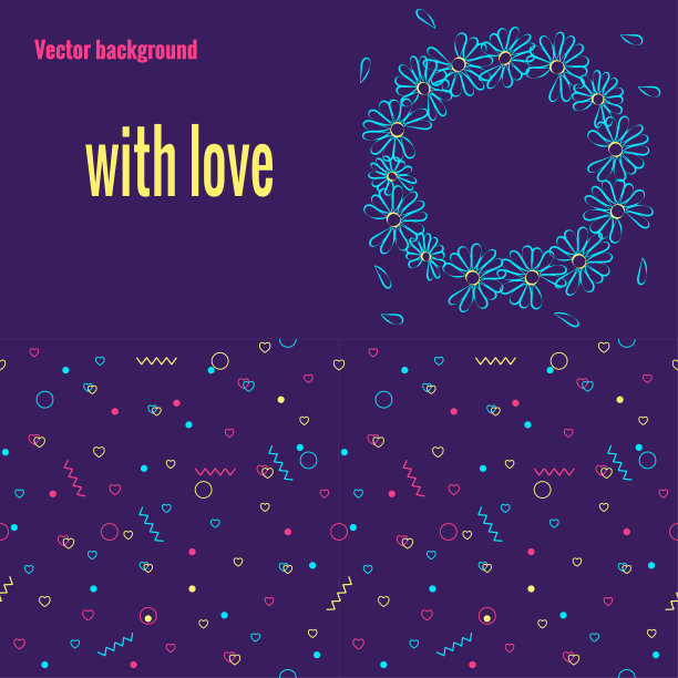一套浪漫的背景与时尚的几何元素和心形图案和圆形花圈花卉图案。无缝背景贺卡，包装纸。矢量插图。图片下载