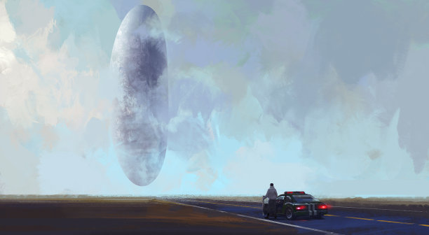 外星飞船在荒野着陆，数字插图。图片下载