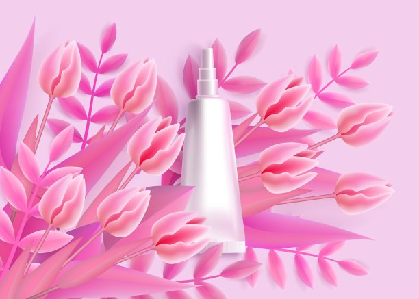 模板与白色管包装模型和粉红色花朵逼真的风格图片下载