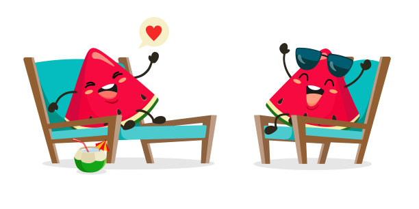 一片片有趣的西瓜卡通般地放在太阳床上的椅子上。矢量插图在白色背景在平坦的风格。图片下载