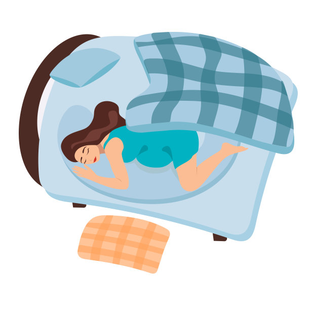 一个怀孕的女孩早上醒来。狗叫醒了一个孕妇。女孩正在床上睡觉。分娩前的绿松石清晨。图片下载