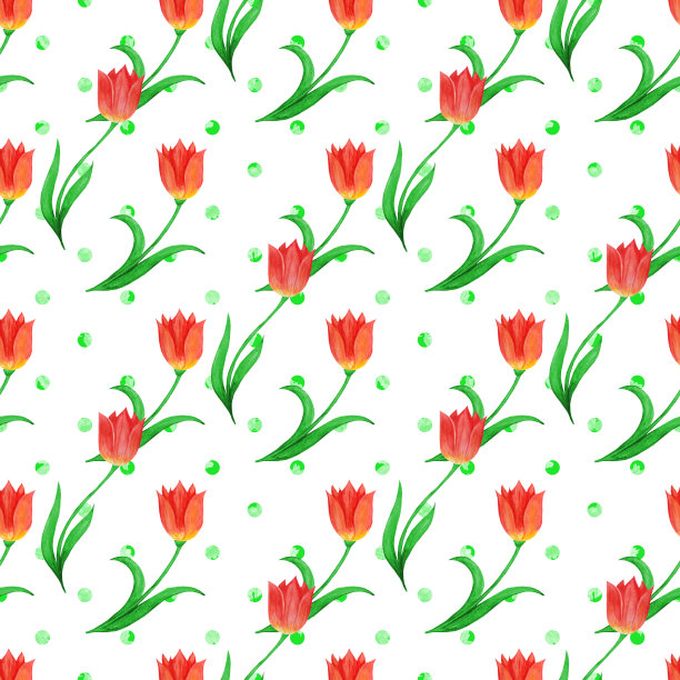 简单的无缝模式的郁金香孤立在白色的背景。绿色圆点。图片下载