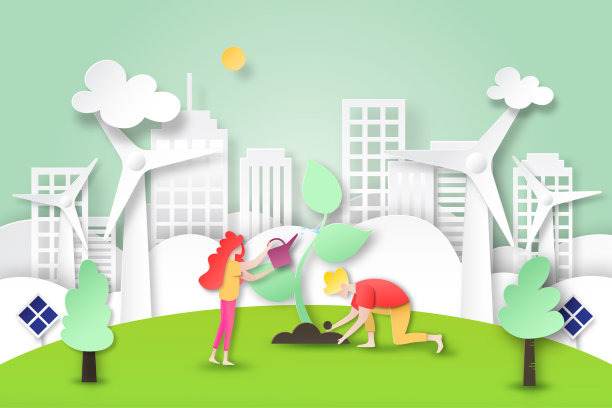 人们在生态城市种植树木和清洁能源。图片下载