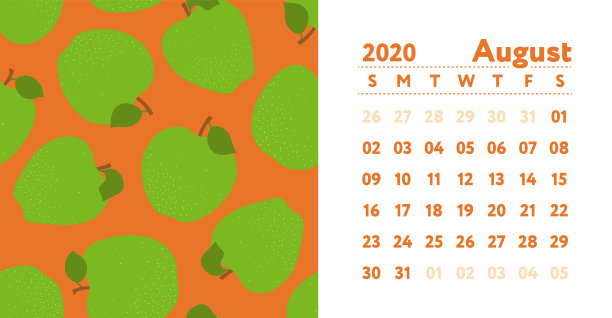 2020年日历。8月。矢量英语挂机。苹果无缝模式。手绘水果速写图片下载