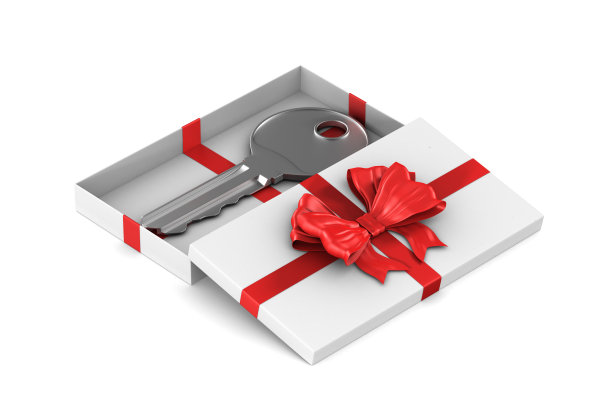 钥匙在白色背景上的礼盒。孤立的3 d演示图片下载