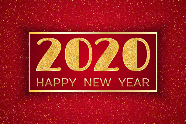 2020新年快乐。2020年贺年卡。红色背景与金色数字和闪光。图片下载