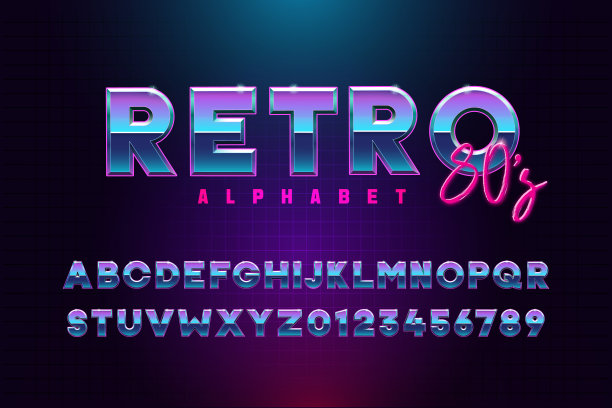 基于80年代的复古字体效果。矢量设计的三维文本元素的基础上，retrowave, synthwave图形风格。金属字母字体，不同的蓝色和紫色图片下载