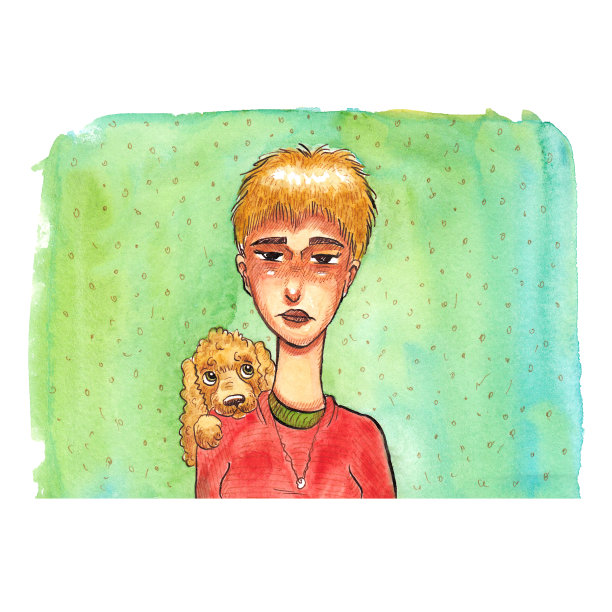 水彩卡通肖像的一个金发女孩和她的狗在一个蓝色图片下载