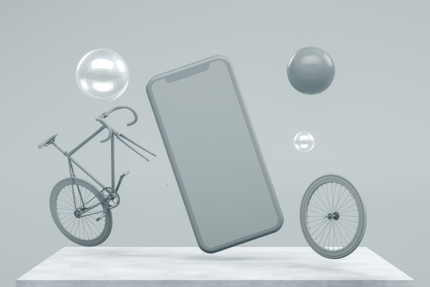 智能手机移动应用演示模型与飞行球和自行车图片下载