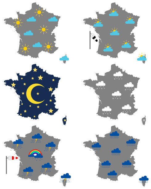 带有各种天气符号的法国地图图片下载