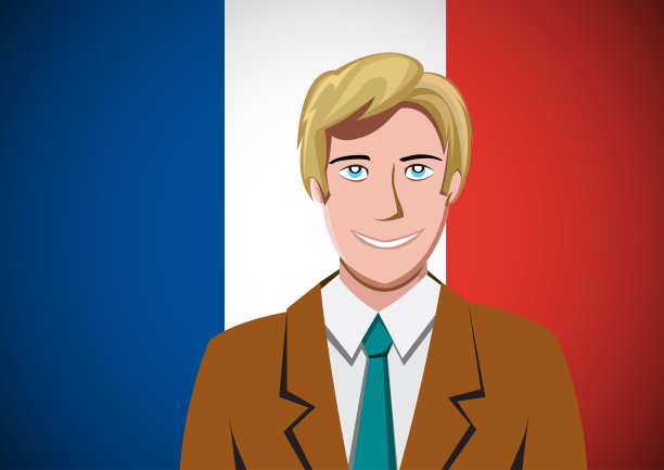 法国人，前面是国旗。平面设计中经理的肖像。矢量动画图片下载