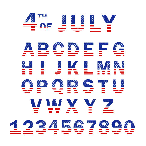 美国国旗字母和数字。7月4日美国国旗样式字体设计。美国标志字体模板。字体美国国旗星星设置。素材图片