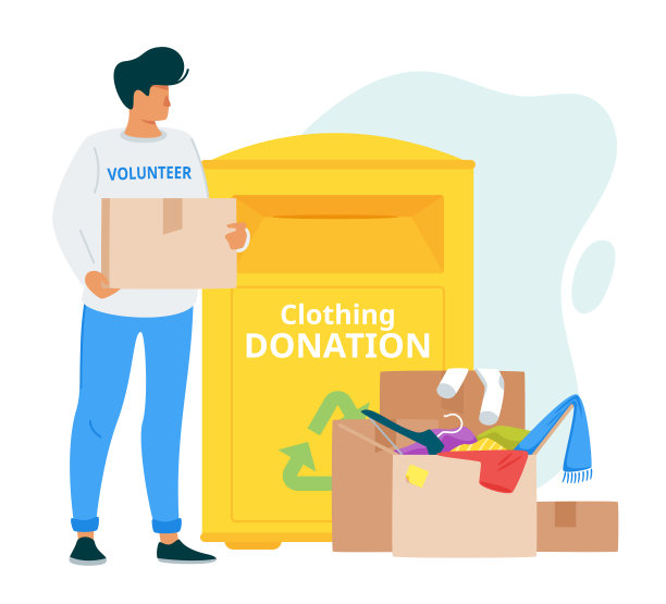 年轻的志愿者捐赠衣服矢量插图图片下载