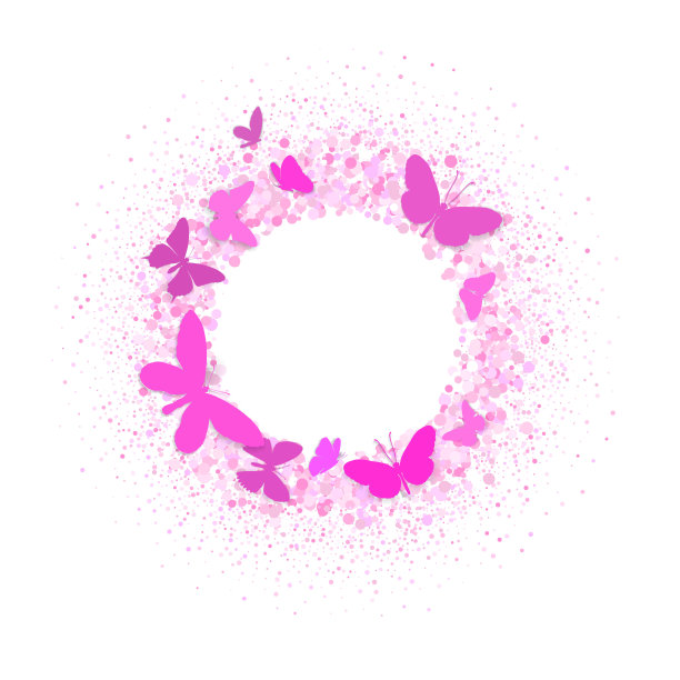 亮粉色的蝴蝶在白色的背景上的淡粉色的点的花环上。向量。设置集合。婚礼邀请函，贺卡，门票，祝贺，品牌，标志，标签的创意概念。图片下载