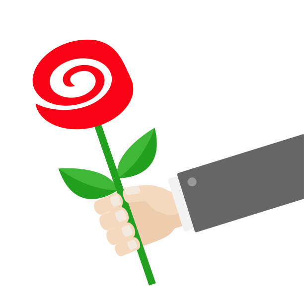 商人手捧红玫瑰。送礼的概念。可爱的卡通人物。黑色西装。贺卡。平面设计。白色背景。孤立。图片下载