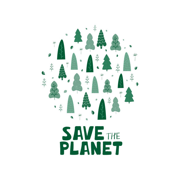 插图与绿色的树木，树叶和手写体拯救地球卡通风格。为本纳模板、传单、生态保护宣传册。向量图片下载