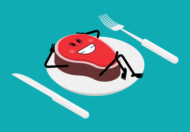 牛排在盘子里吃得很开心。卡通的一块肉。矢量图图片下载