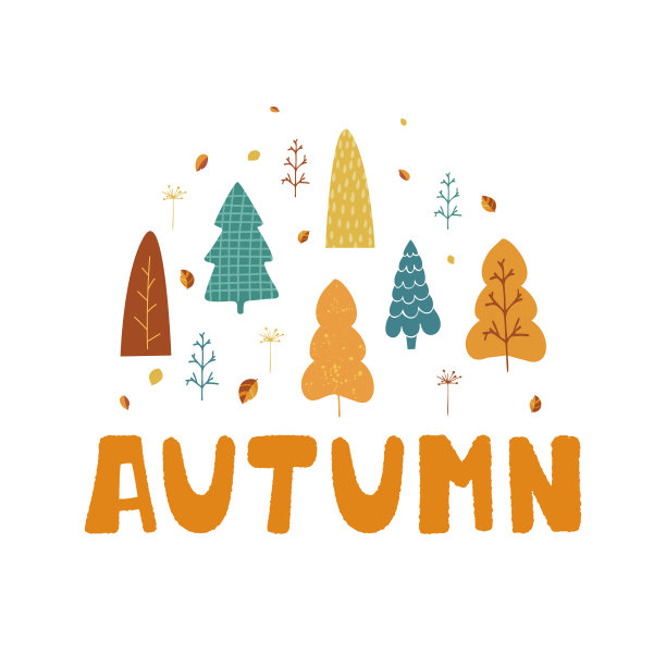 插图与树木，树叶和手写字母秋天在卡通风格。秋季模板为本纳，传单，宣传册。向量图片下载