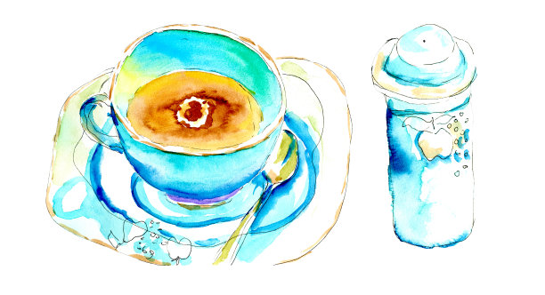 咖啡店里的老式蓝色咖啡杯，配有茶托、勺子和盐瓶。水彩速写插图图片下载