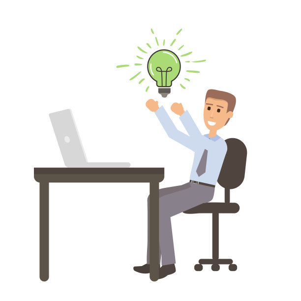 有想法的成功商人坐在办公桌上，拿着笔记本电脑。漫画平面插画在网上赚钱。知识劳动图片下载