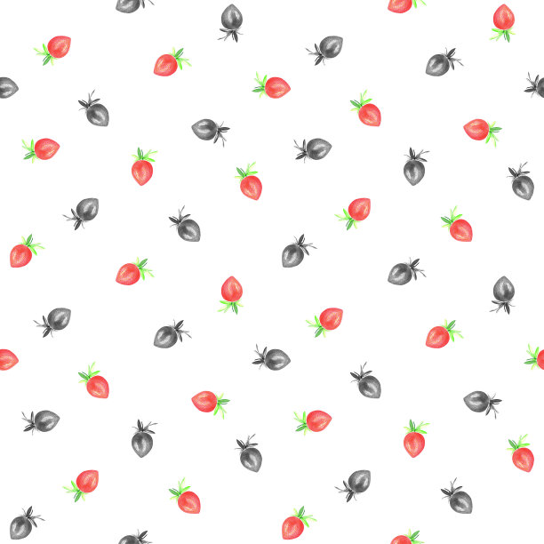 水彩无缝图案的新鲜红草莓与黑白混合在白色的背景。用于纺织、织物和包装纸上的印花图案素材图片