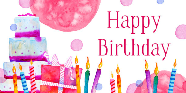 生日贺卡与蛋糕，蜡烛，礼盒和彩色斑点。手绘卡通水彩素描插图素材图片