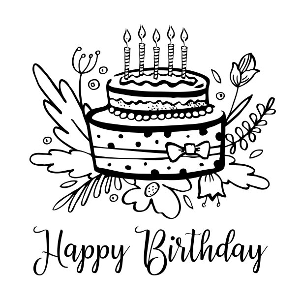 有蜡烛、鲜花和祝福的程式化生日蛋糕。手绘卡通轮廓向量黑色草图插图图片下载