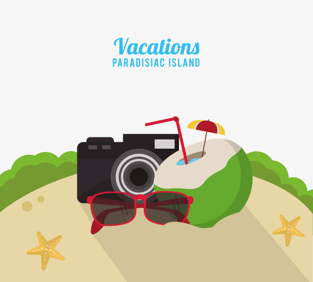 度假天堂岛海滩椰子鸡尾酒相机和太阳镜图片下载