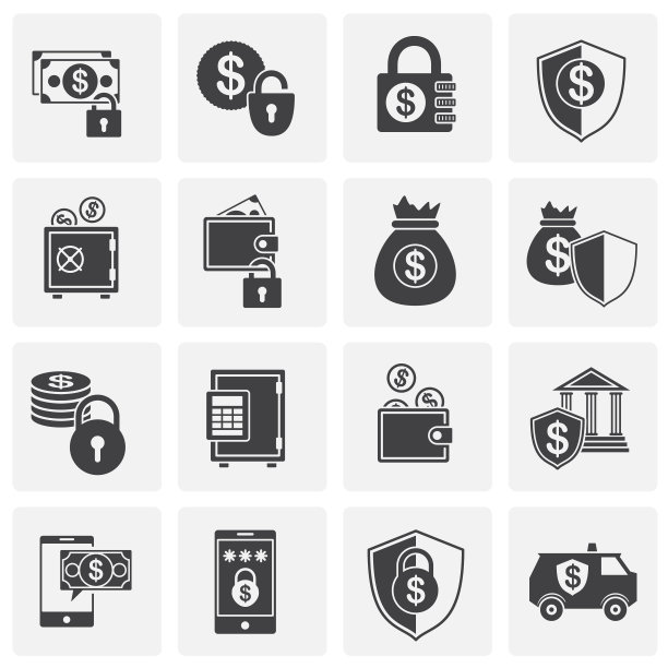 用于图形和网页设计的资金安全相关图标集。简单示意图。网站按钮或移动应用程序的互联网概念符号。图片下载