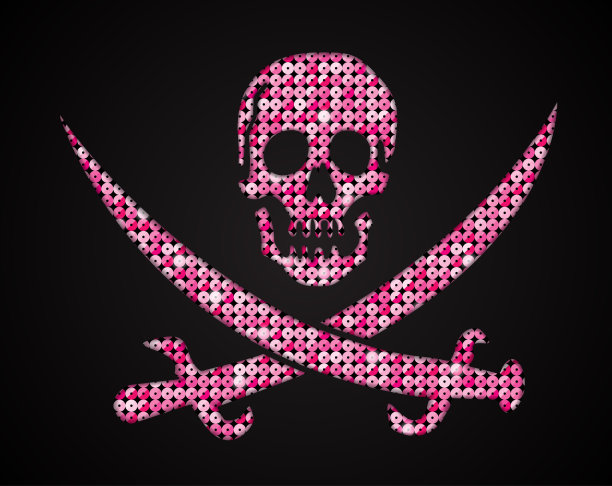 矢量头骨与骨头粉红色亮片，闪光。海盗旗。图片下载
