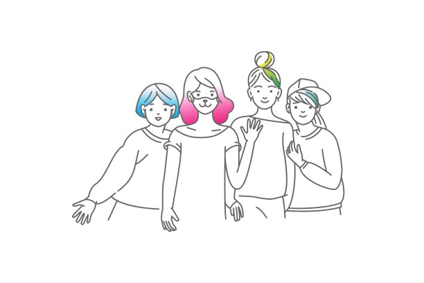 一群微笑的少女，朋友们站在一起，互相拥抱，挥手。快乐的学生被孤立在白色的背景下。一彩色线艺术卡通矢量插图。图片下载